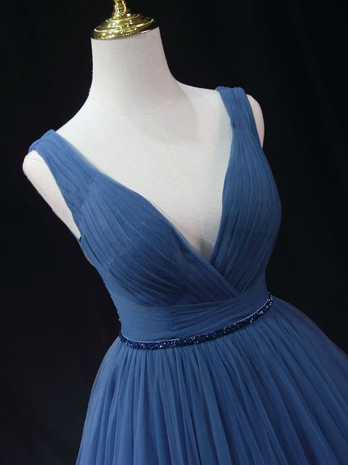 Royal Blue Tulle Ball Gown Wedding Dress - V-Neck Evening Dress - Sleeveless Corset Back Wedding Dress Plus Size